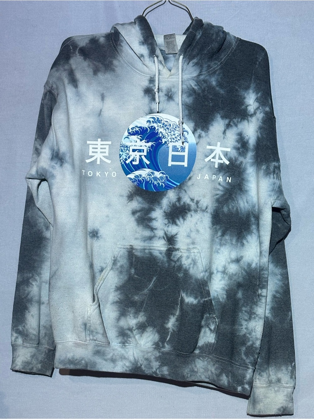 Gildan Tie-Dye Hoodie in Gray and White with Tokyo Wave Graphic